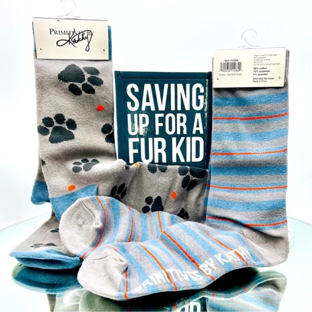 FUN GIFT SET Dog Cat People BANK and 2 Pairs of SOCKS Rustic Primitives by Kathy